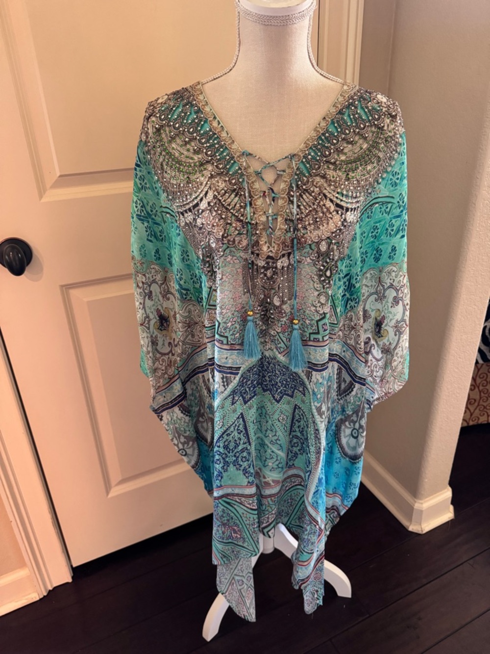 NWT True Colours La Moda Swimsuit Coverup Tunic Blue Lagoon Kaftan Rhinestone